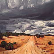 Painting of stormy skies over a dirt road in the desert
